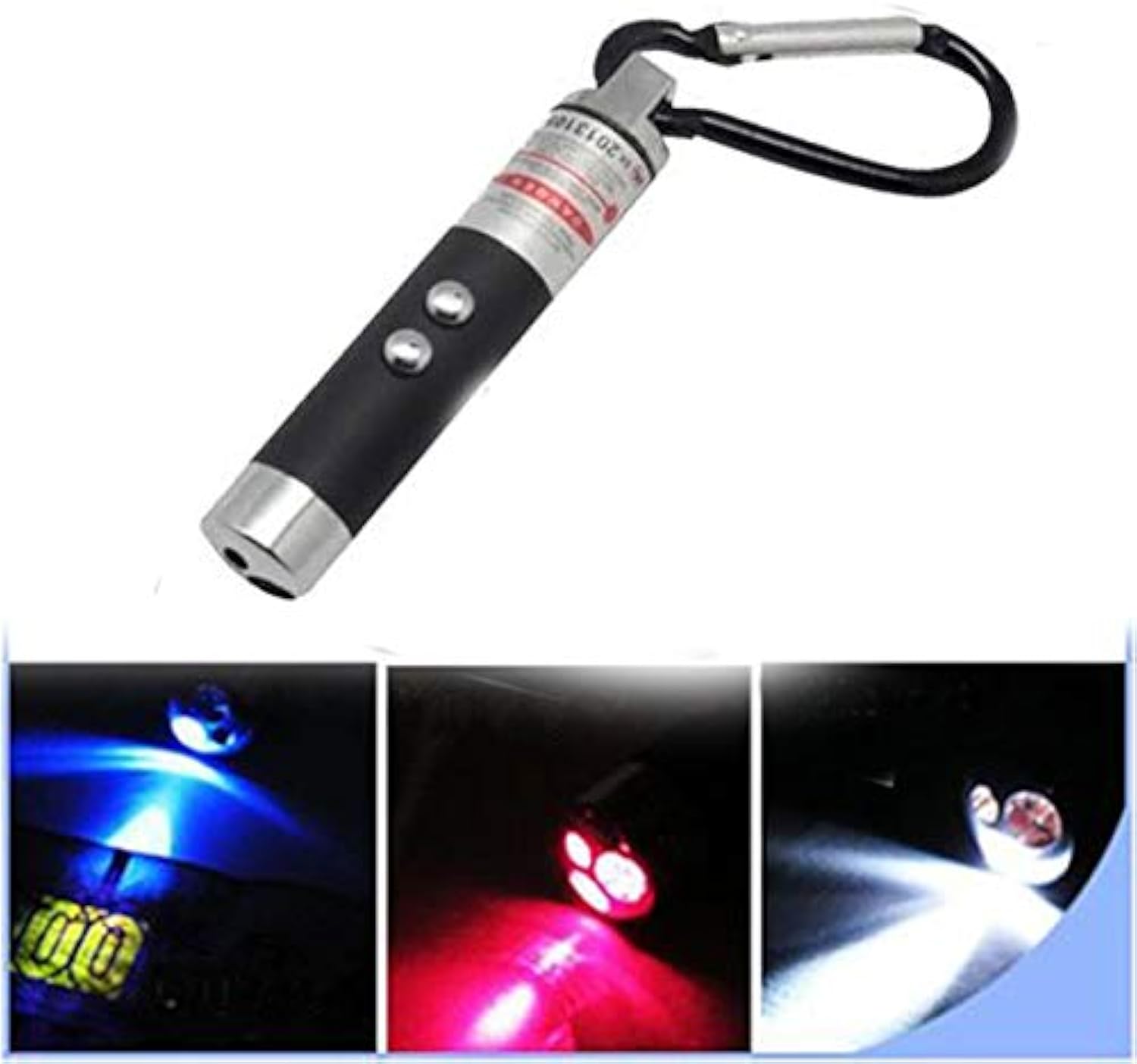 LINTERNA DE BOLSILLO -LLAVERO- PARA EMERGENCIA; 2 LUCES LED; PUNTERO LÁSER PARA UBICACIÓN; LUZ AZUL PARA DETECTAR FALSIFICACIONES