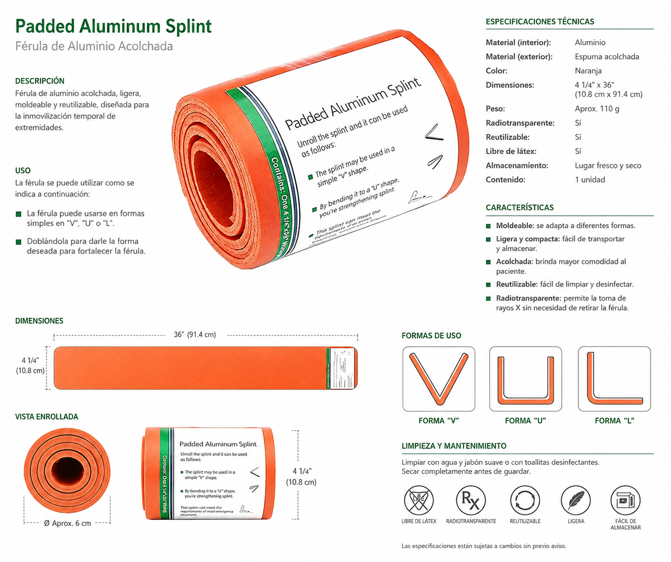 FÉRULA UNIVERSAL DE ALUMINIO ROLLO 4.25 X 36 PULGADAS