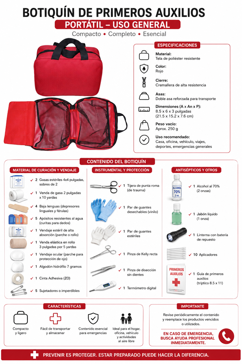 BOTIQUÍN DE PRIMEROS AUXILIOS ESTUCHE DE TELA PORTABLE SURTIDO 25 CM