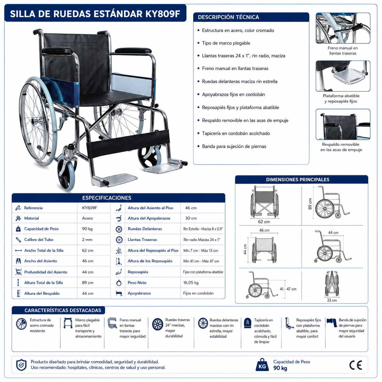 SILLA DE RUEDA PLEGABLE MANUAL CON SOPORTES DE PIE Y LLANTA 24"