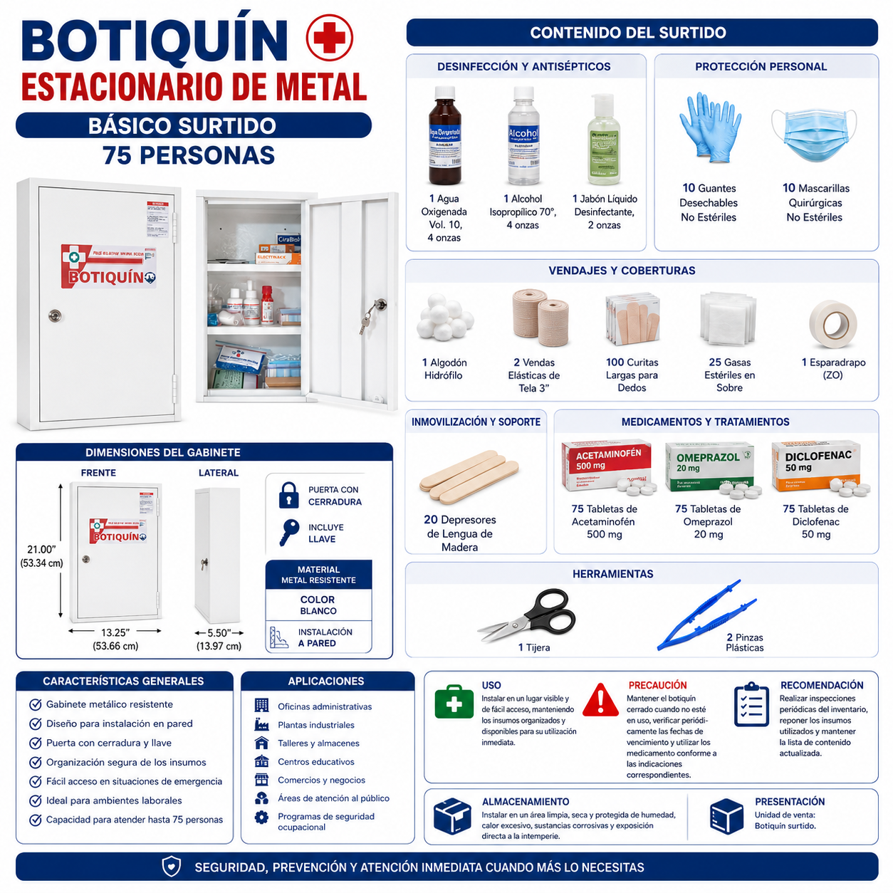 BOTIQUÍN CAJA DE METAL 21 X 14 X 6 PULGADAS SURTIDO LABORAL TIPO B  50-60 PERSONAS