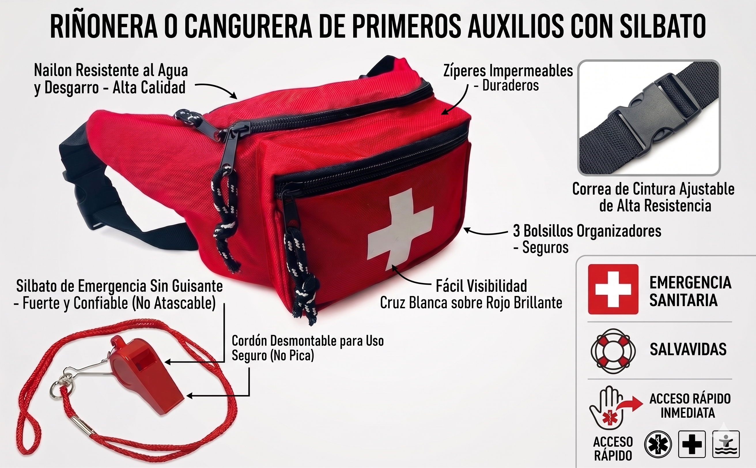 BOTIQUÍN RIÑONERA - CANGURERA- DE PRIMEROS AUXILIOS VACÍA CON SILBATO