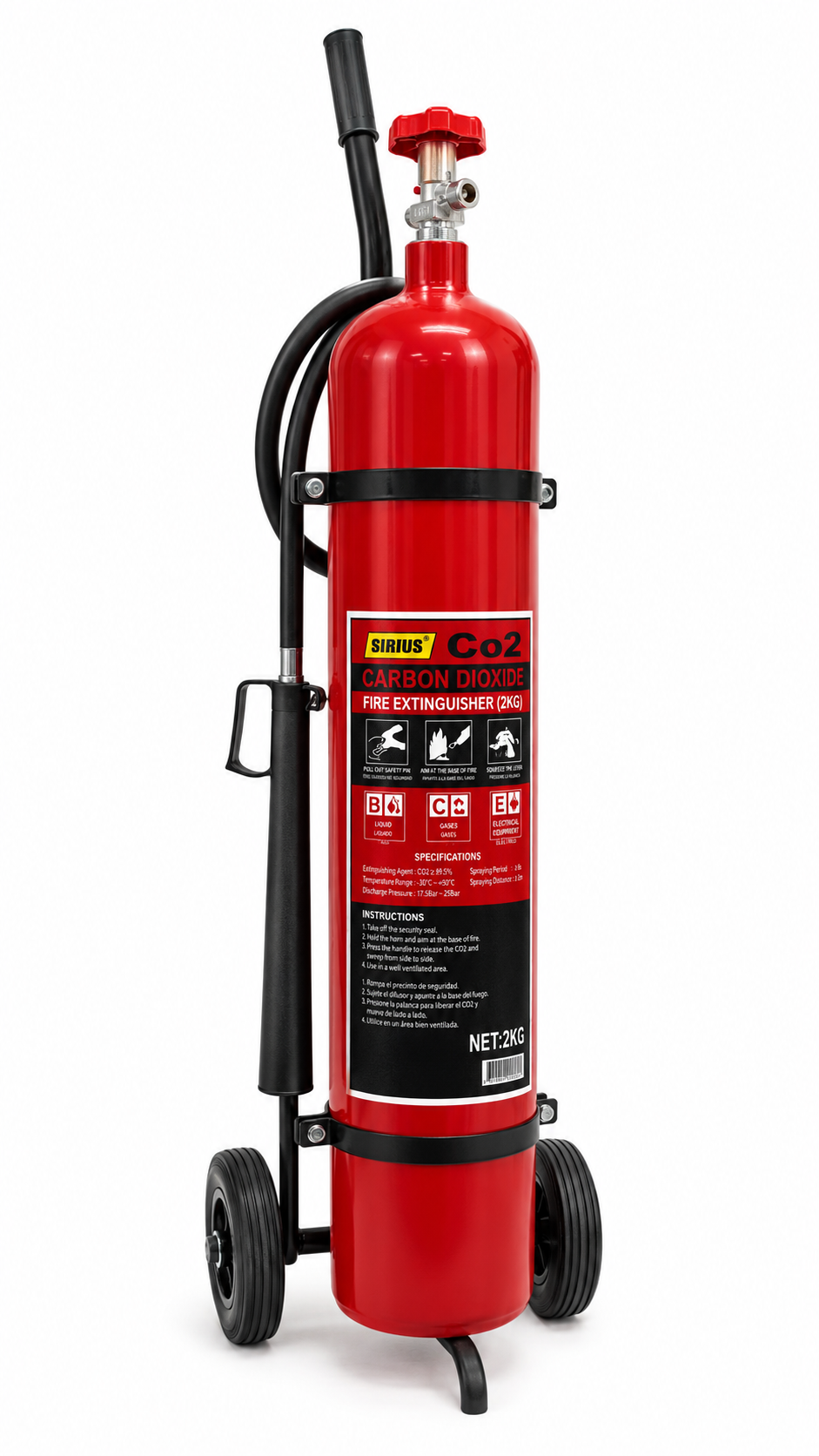 EXTINTOR CO2 10KG - 22 LIBRAS- MANGUERA DISPENSADORA Y CARRO DE TRANSPORTE