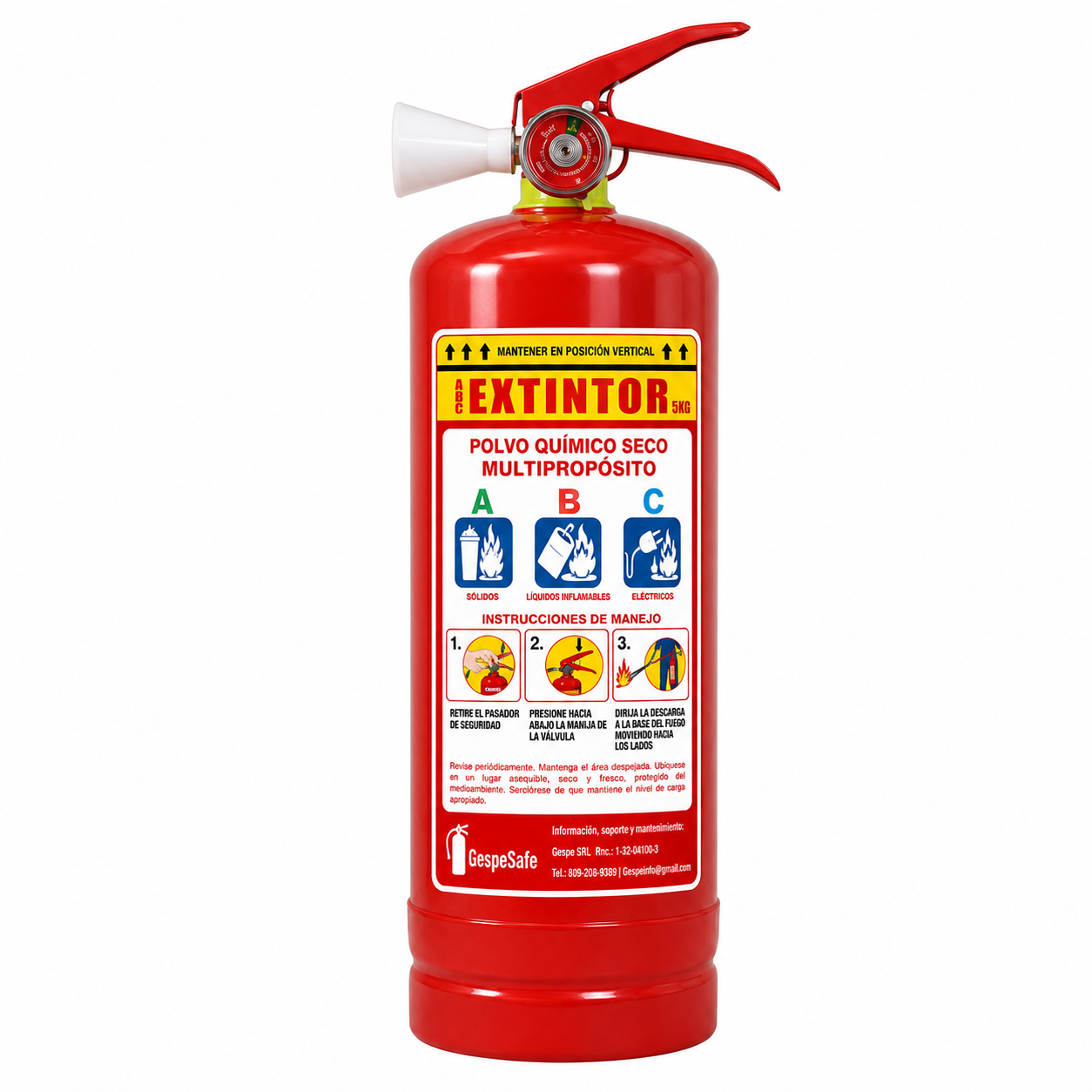 EXTINTOR PORTABLE RECARGABLE POLVO SECO ABC 11 LIBRAS (5KG) CON SOPORTE PARA FIJAR EN PARED