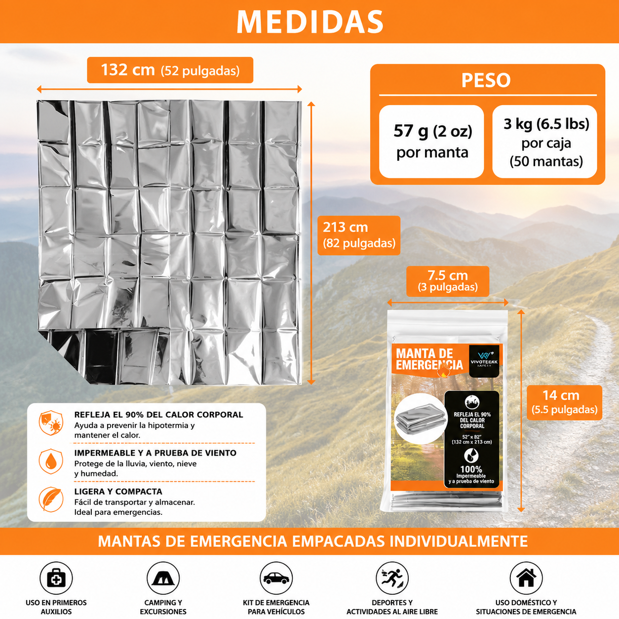 MANTA TÉRMICA DE EMERGENCIA MYLAR 52X86 PULGADAS PLATEADA