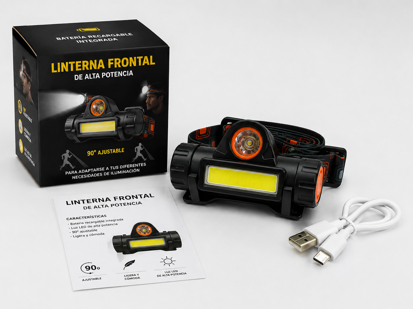 LINTERNA FRONTAL DE CABEZA ALTA POTENCIA USB RECARGABLE